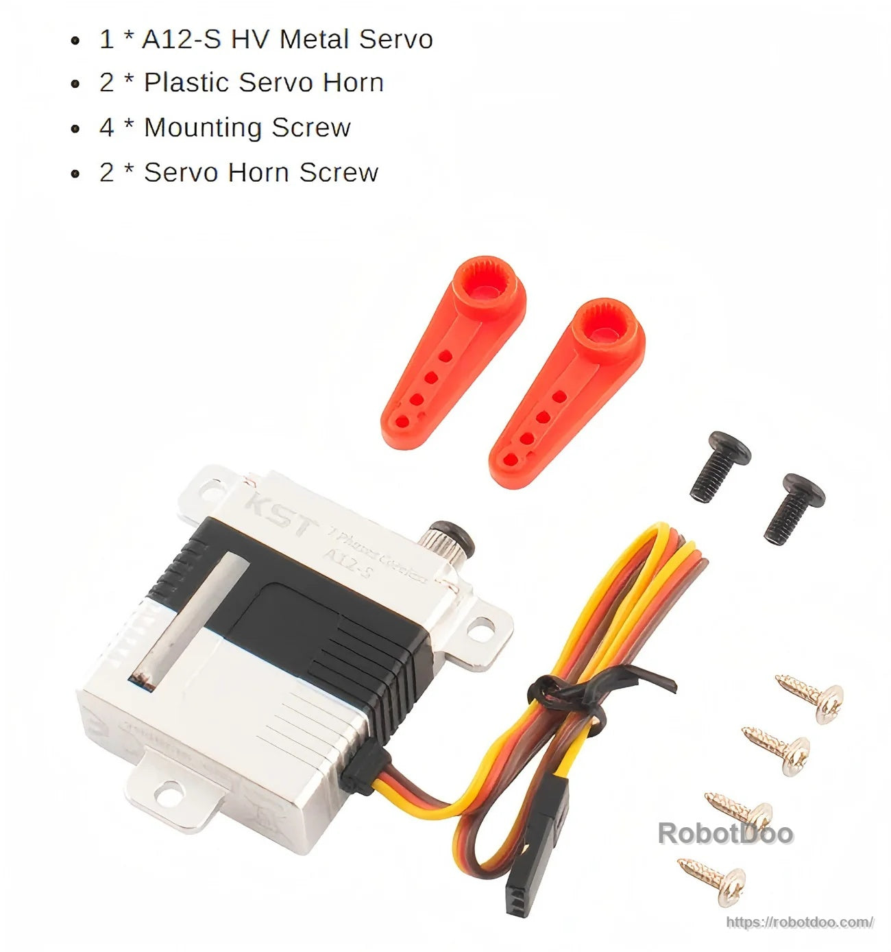 A12-S HV metal servo with wiring harness, two red plastic servo horns, and mounting screws kit