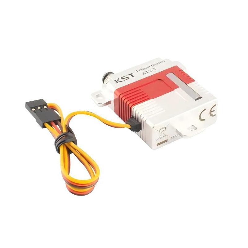 KST A12-T digital servo motor with red and white aluminum case and 3-wire lead with plug