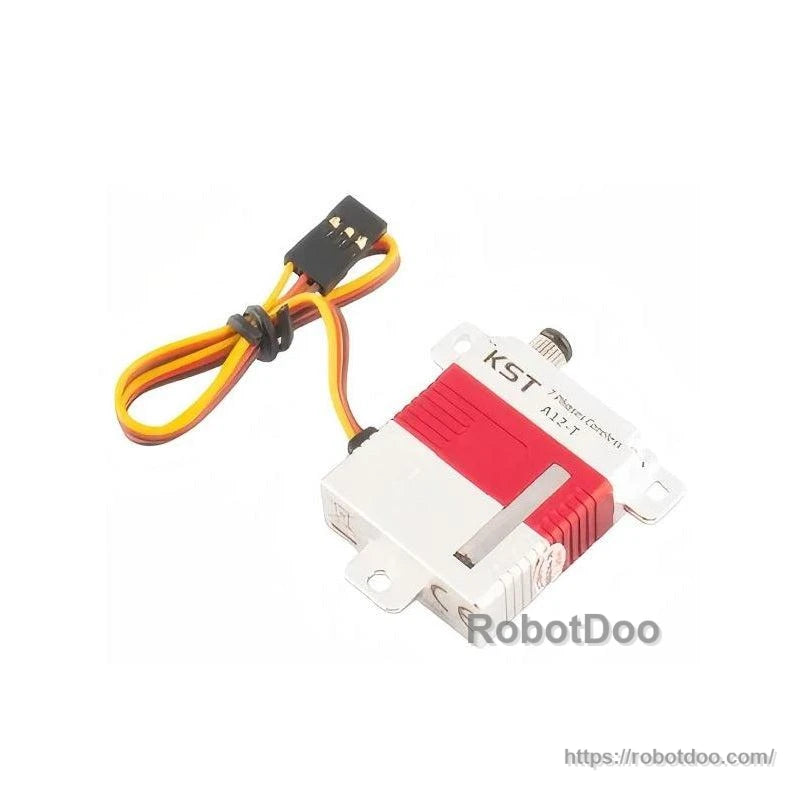 Angled top view of KST A12-T servo with 3-wire connector lead, red center band and mounting ears