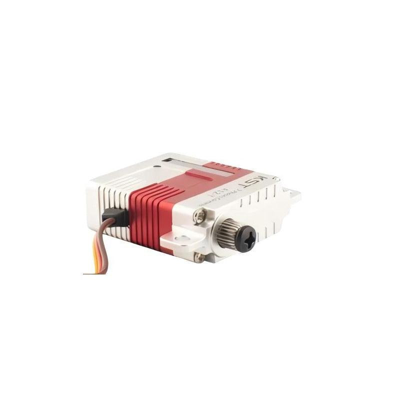 Side view of KST A12-T servo showing output spline/shaft and mounting tabs on aluminum case