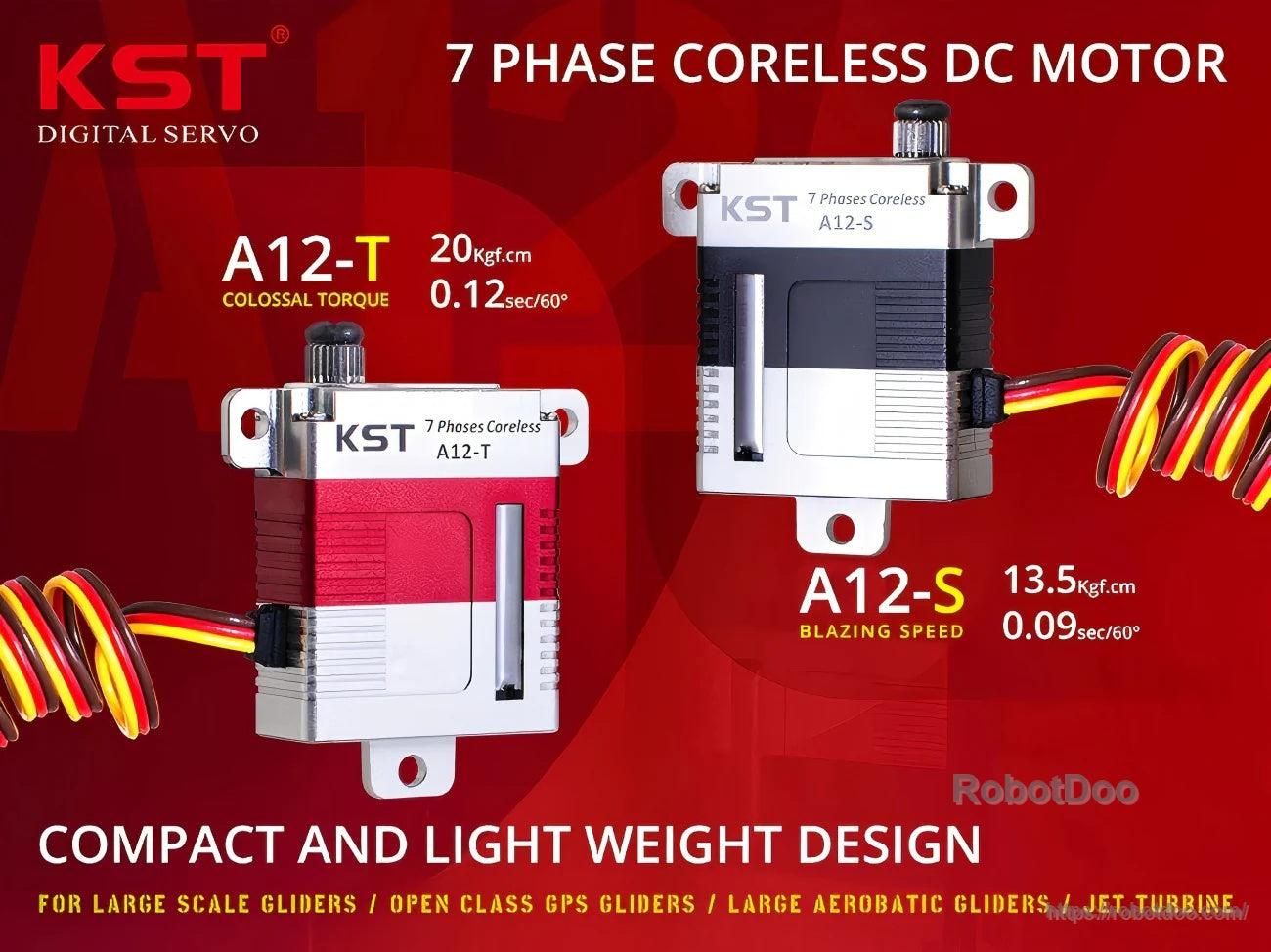 KST A12-T digital servo with 7‑phase coreless motor callouts for torque and speed, plus A12-S comparison