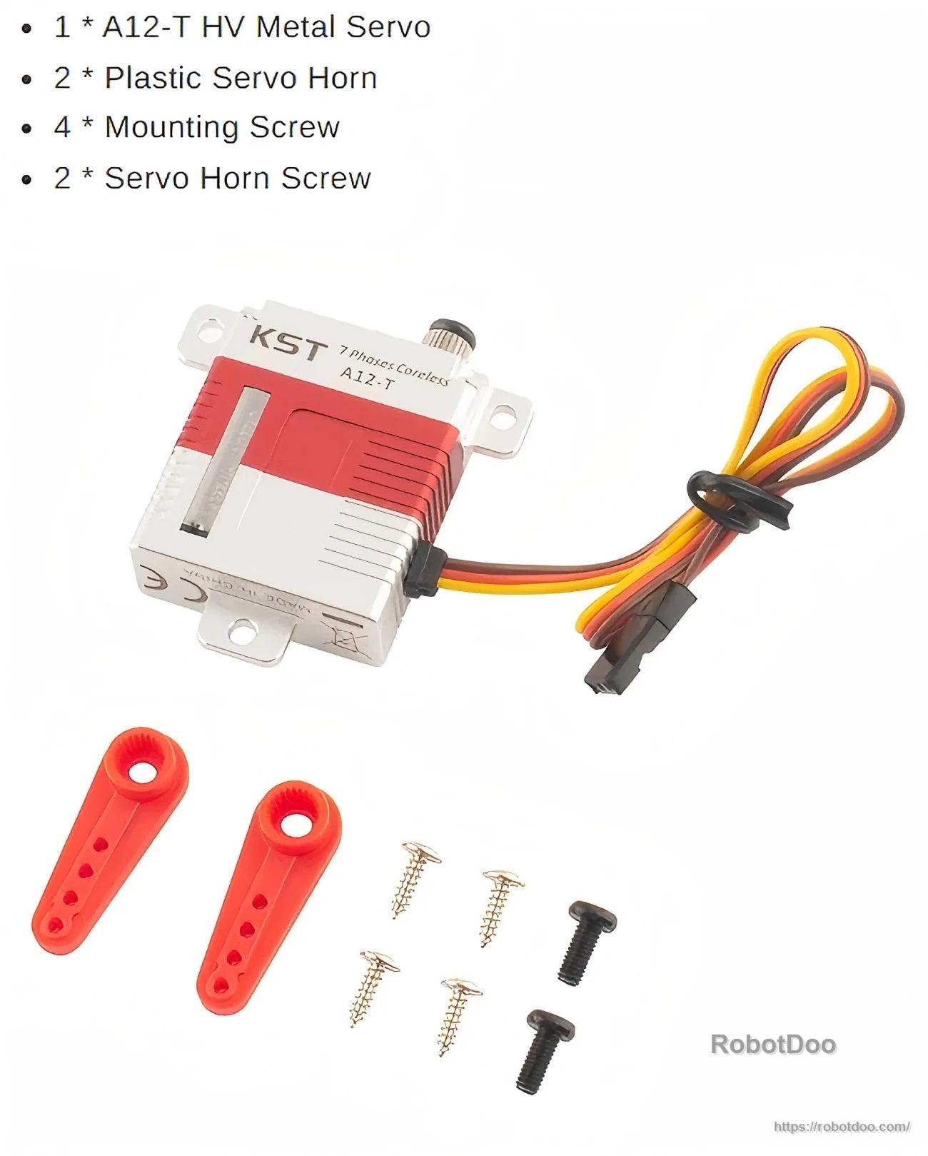 KST A12-T HV metal digital servo with lead, plus included plastic horns and mounting screws