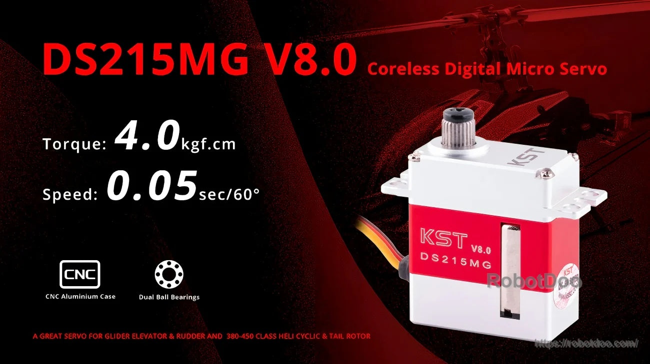 KST DS215MG V8.0 coreless digital micro servo motor highlight graphic with 4.0 kgf·cm torque and 0.05 s/60° speed
