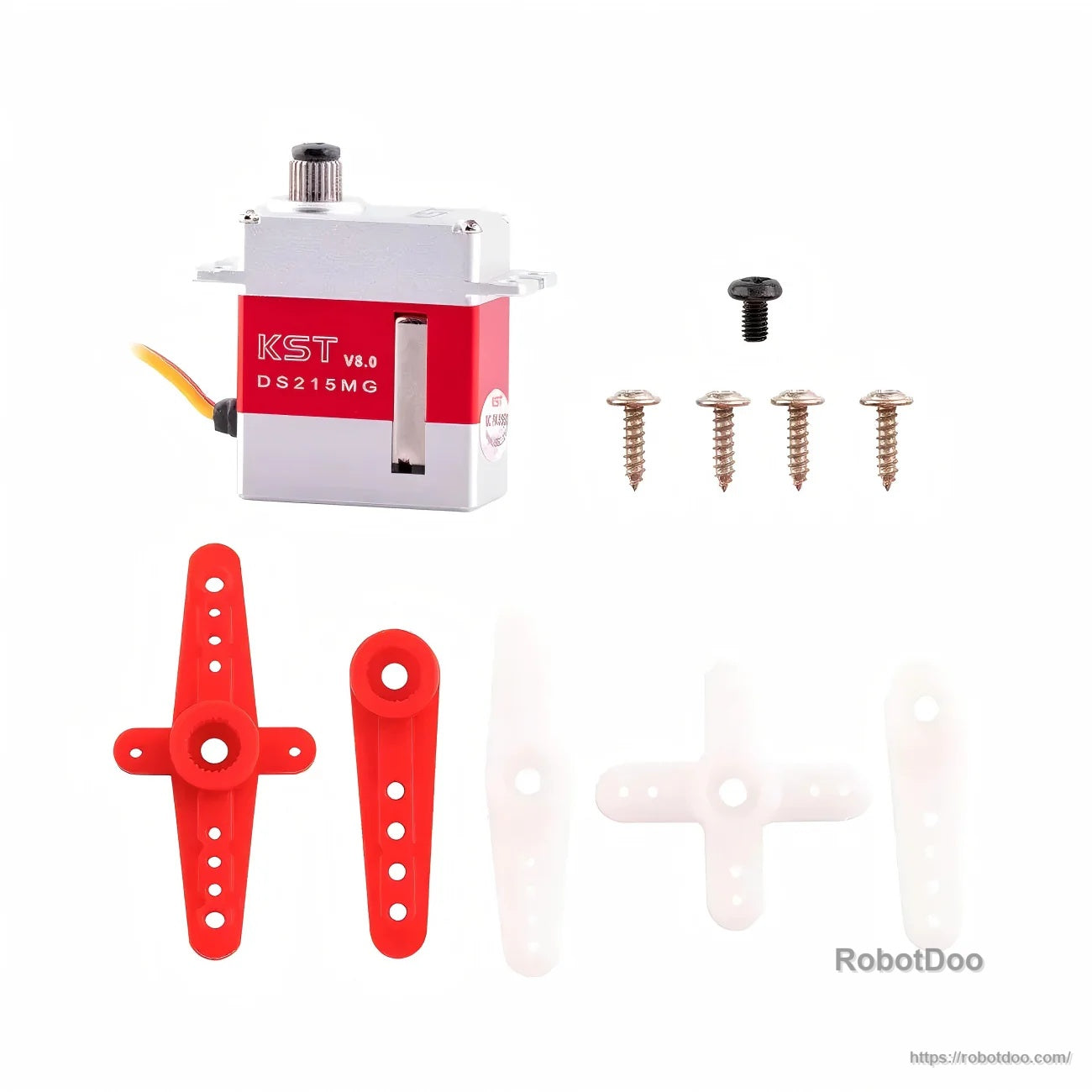 KST DS215MG V8.0 micro servo with included servo horns and mounting screws on white background