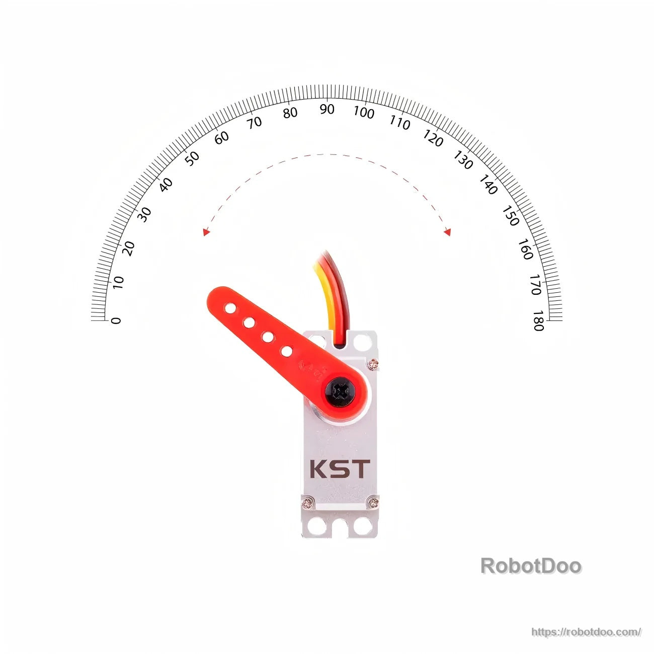 KST micro servo top view with red horn and arc scale indicating approximately 140° total travel range