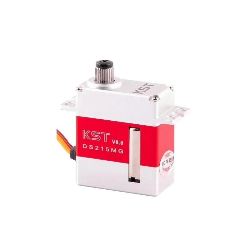 KST DS215MG V8.0 coreless digital micro servo motor, metal case, spline output shaft angled view