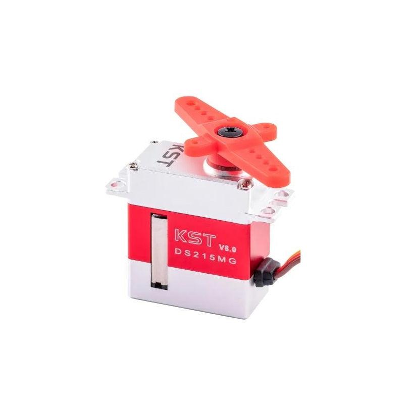 KST DS215MG V8.0 micro servo with red cross servo horn installed, lead wire visible