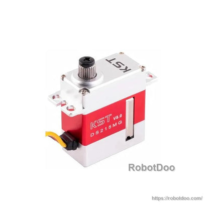 Top-front angle of KST DS215MG V8.0 digital micro servo showing KST logo and mounting tabs