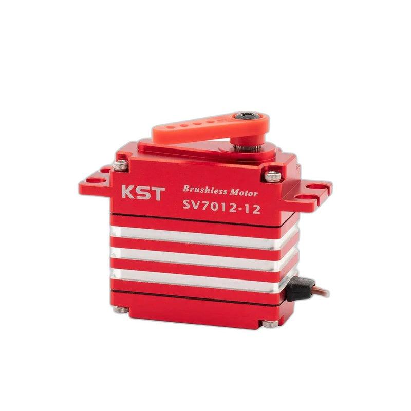 KST SV7012-12 brushless servo with orange servo horn installed on output spline, side profile