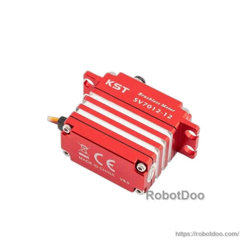 Bottom view of SV7012-12 servo showing CE markings, screws, and machined aluminum heatsink fins