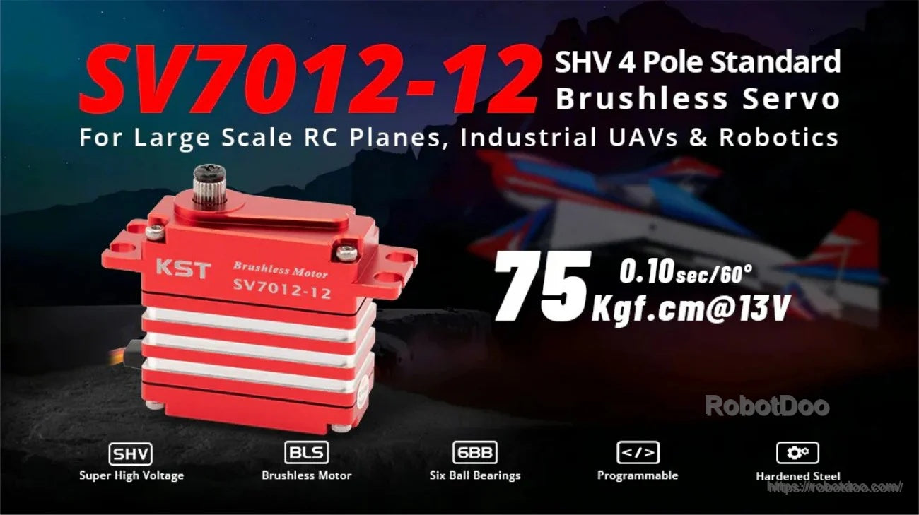 KST SV7012-12 SHV 12V brushless servo motor promo showing 75 kgf·cm torque and 0.10 s/60° speed