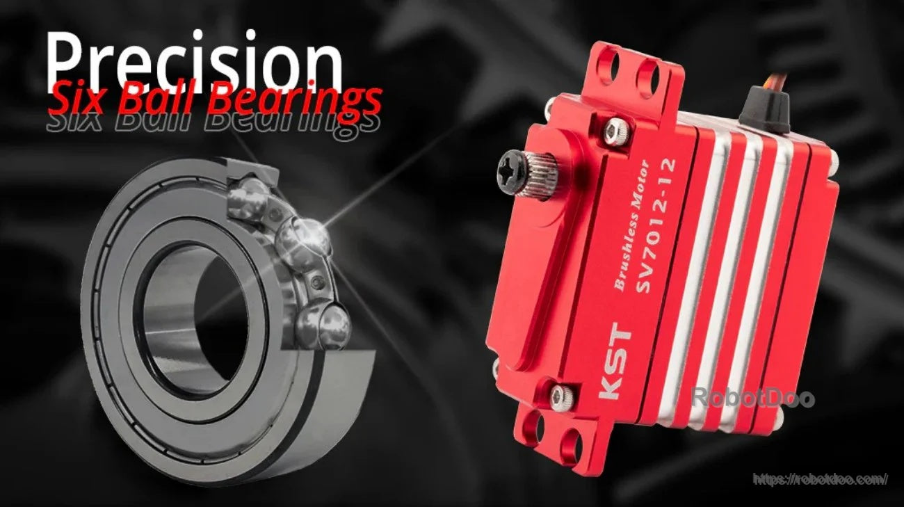 Angled view of red SV7012-12 servo with bearing graphic, calling out six ball bearing precision support