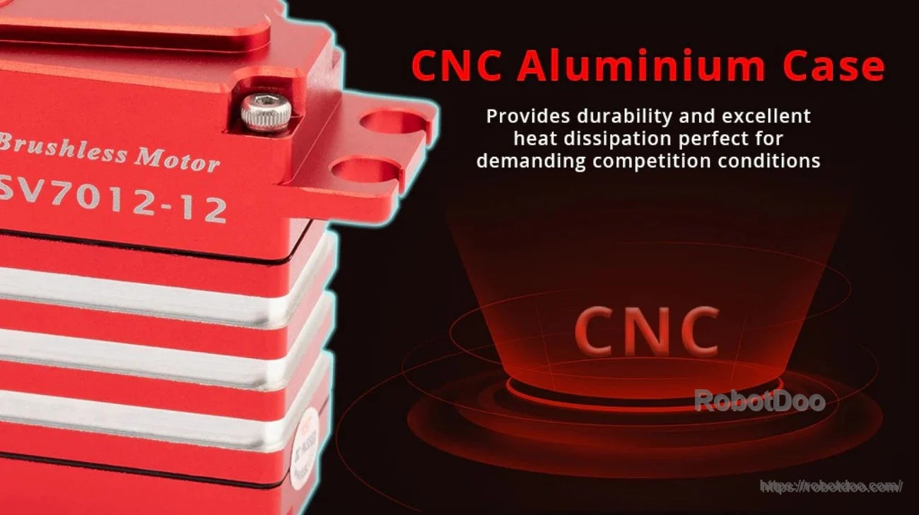 Close-up of CNC aluminum case on KST SV7012-12 servo, emphasizing durable housing and heat dissipation design