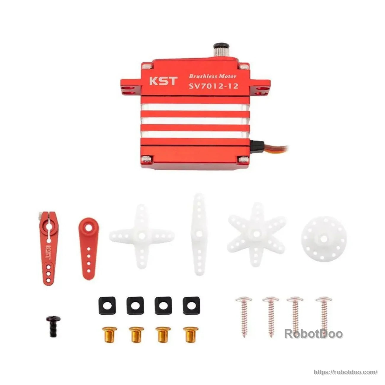 KST SV7012-12 servo kit contents with red metal arms, white plastic horns, screws, pads, and threaded inserts
