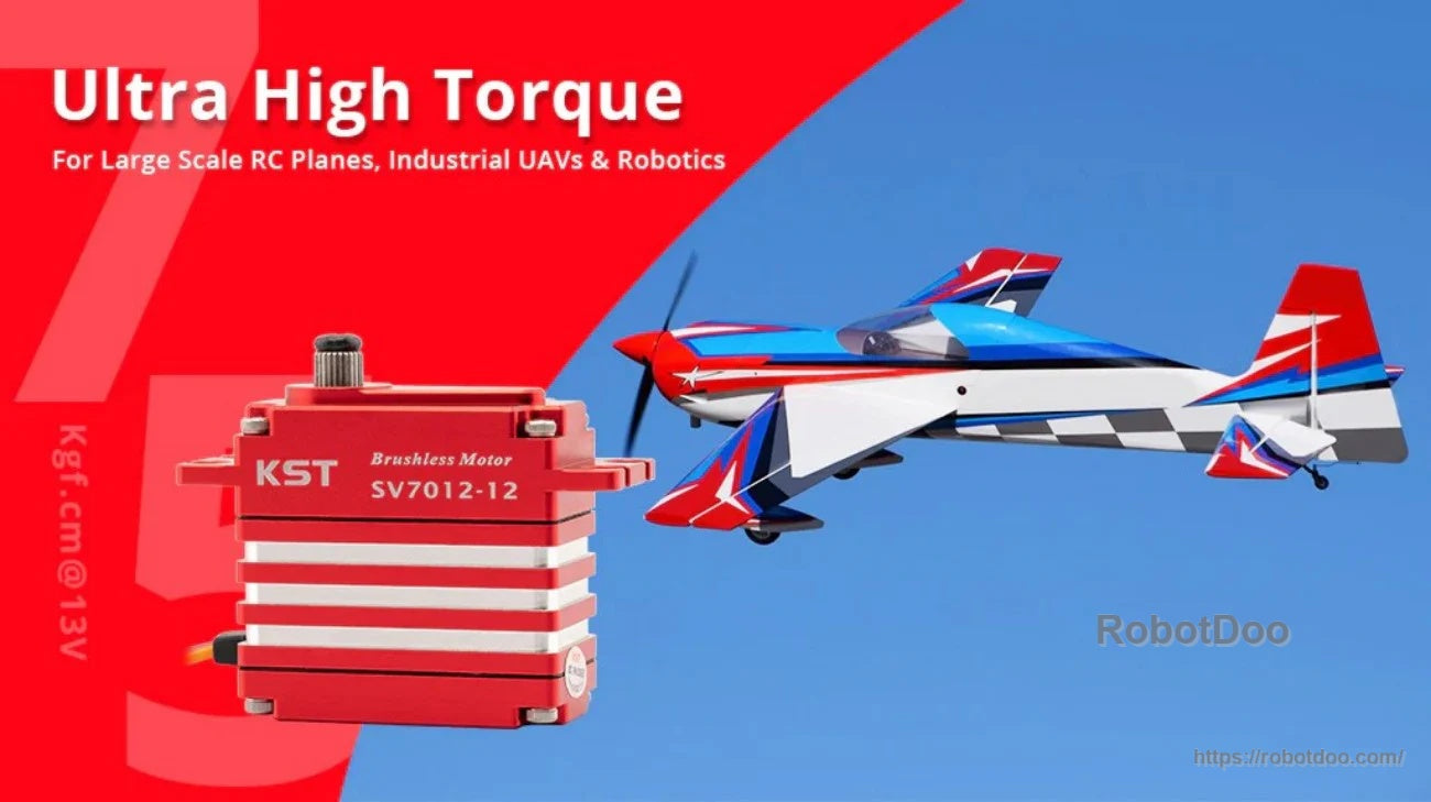 KST SV7012-12 red brushless servo beside aerobatic RC airplane graphic, highlighting ultra high torque use cases