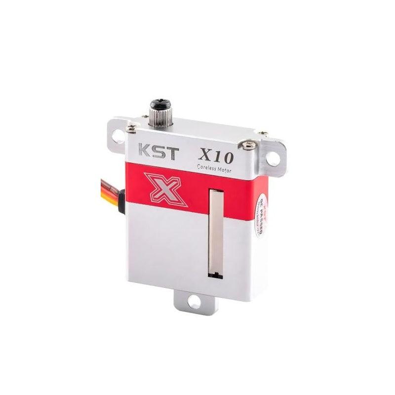KST X10 servo motor, metal case with red band and top output shaft, angled product view