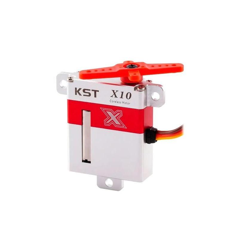 KST X10 servo motor with installed red servo horn on output shaft, angled view