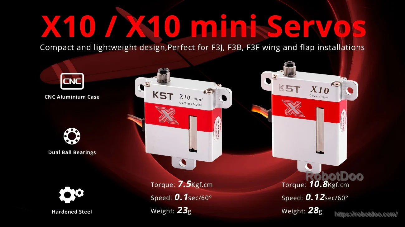 KST X10 servo motor next to X10 mini, highlighting CNC aluminum case, dual bearings, and steel gears