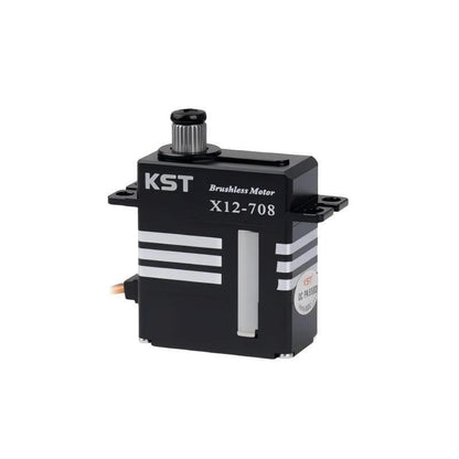 KST X12-708 brushless micro servo motor, black metal case with mounting tabs and spline output shaft