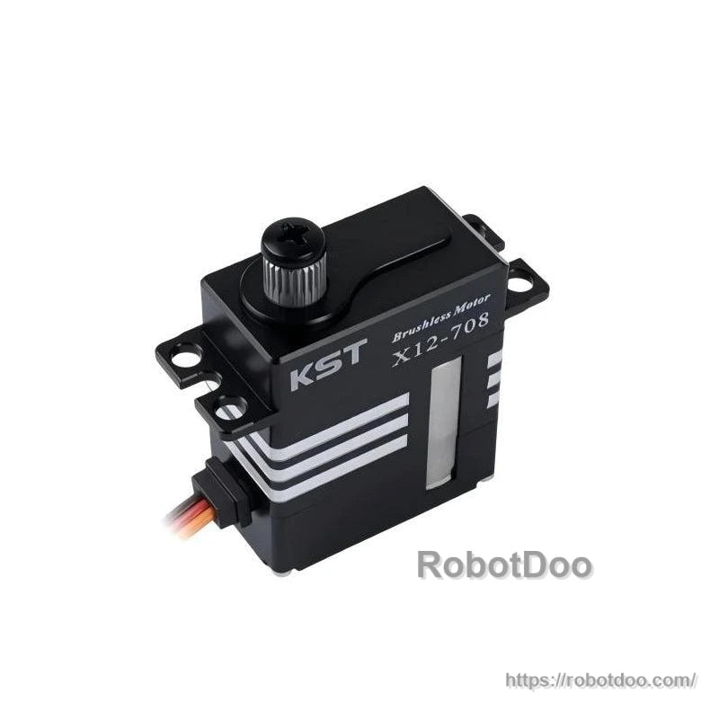 Top-angle view showing spline shaft, mounting tabs, and 3-wire lead on the micro servo