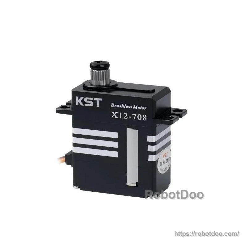 Angled view of KST X12-708 servo showing side stripes, mounting ears, and output spline