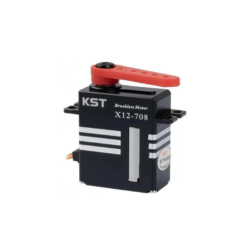 KST X12-708 brushless micro servo motor with red servo horn installed on output spline