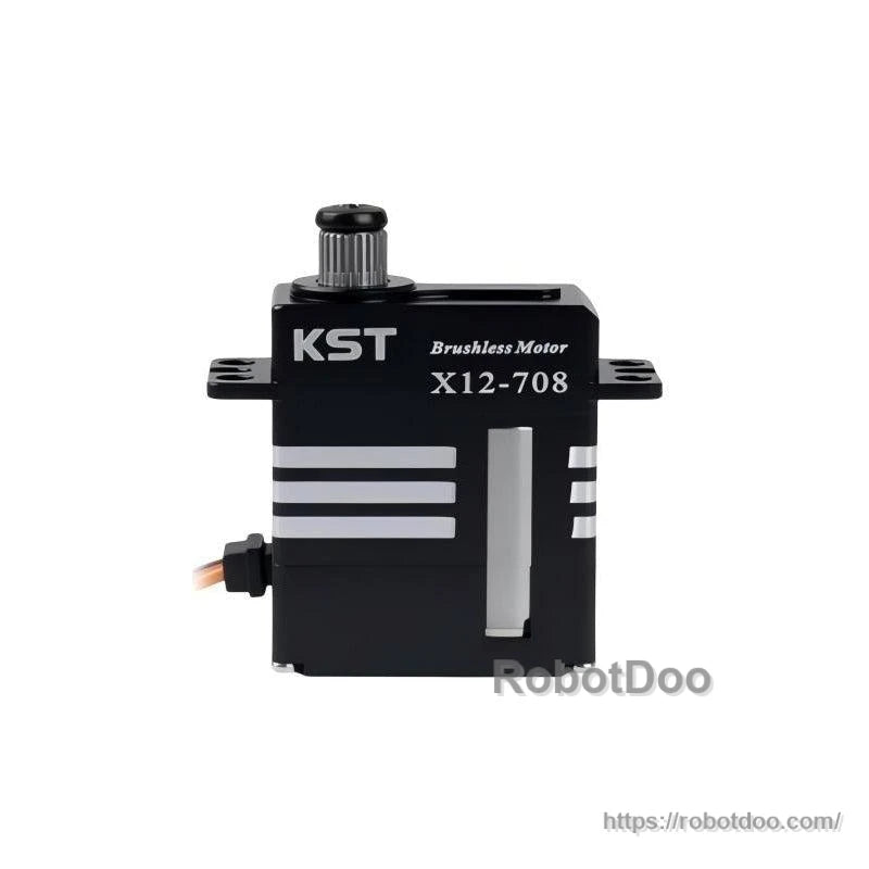 Front-facing view of KST X12-708 brushless micro servo motor with output spline and mounting tabs