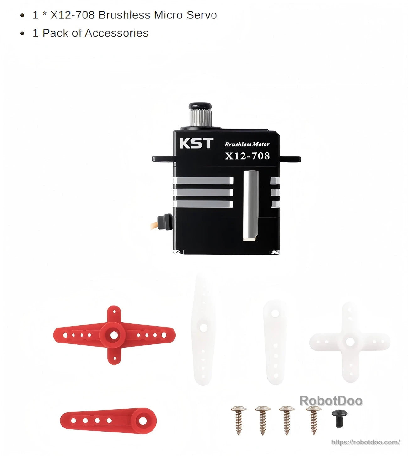 KST X12-708 micro servo kit with included accessory pack—servo horns and mounting screws