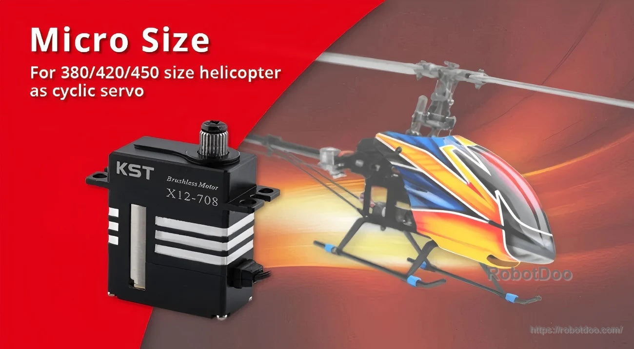 KST X12-708 brushless micro servo motor sized for 380/420/450 helicopter cyclic servo installations