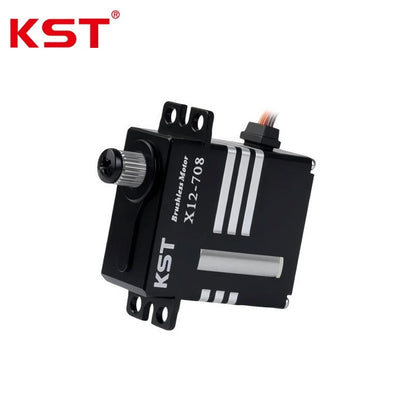 Side profile of servo with KST logo, X12-708 labeling, and cable connector end visible