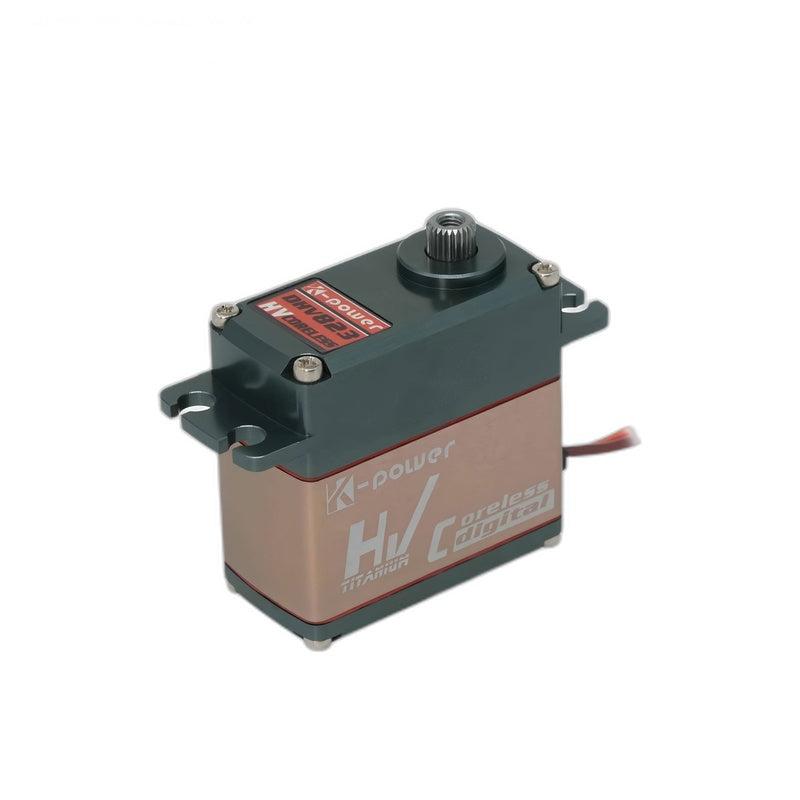 Kpower DHV823 coreless digital servo motor, angled view with metal case and output spline shaft