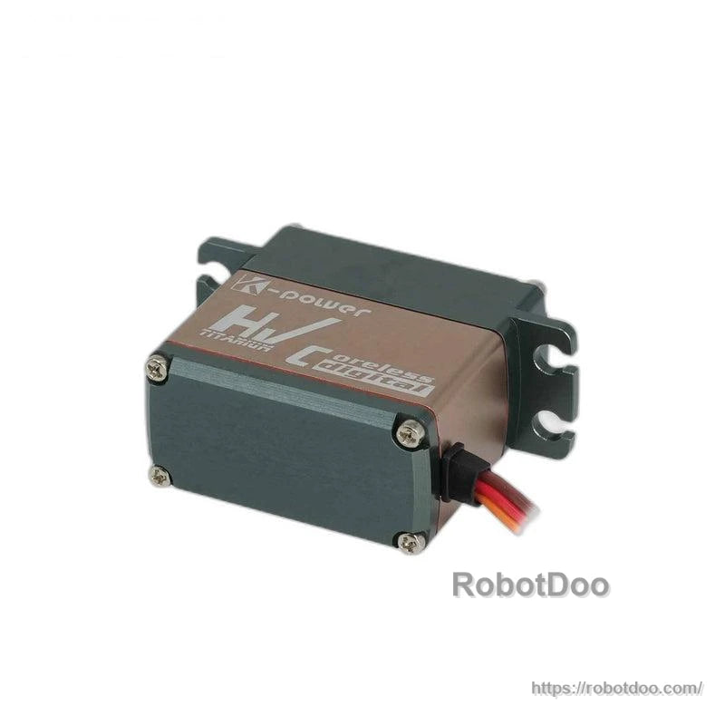 Rear/side view of metal-cased servo showing cable grommet and three-wire connector lead