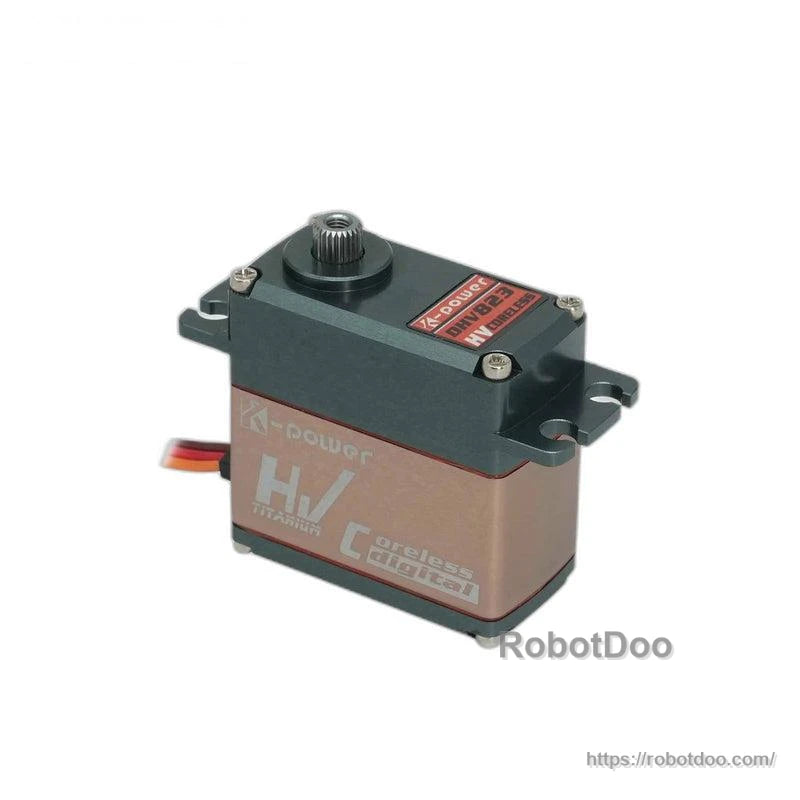 Angled top view of coreless digital servo motor with metal housing and three-wire lead exiting rear