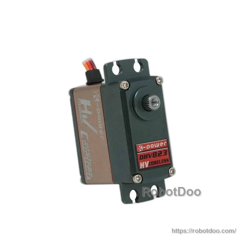 Front face of Kpower DHV823 servo with DHV823 label, output shaft, and dual mounting brackets