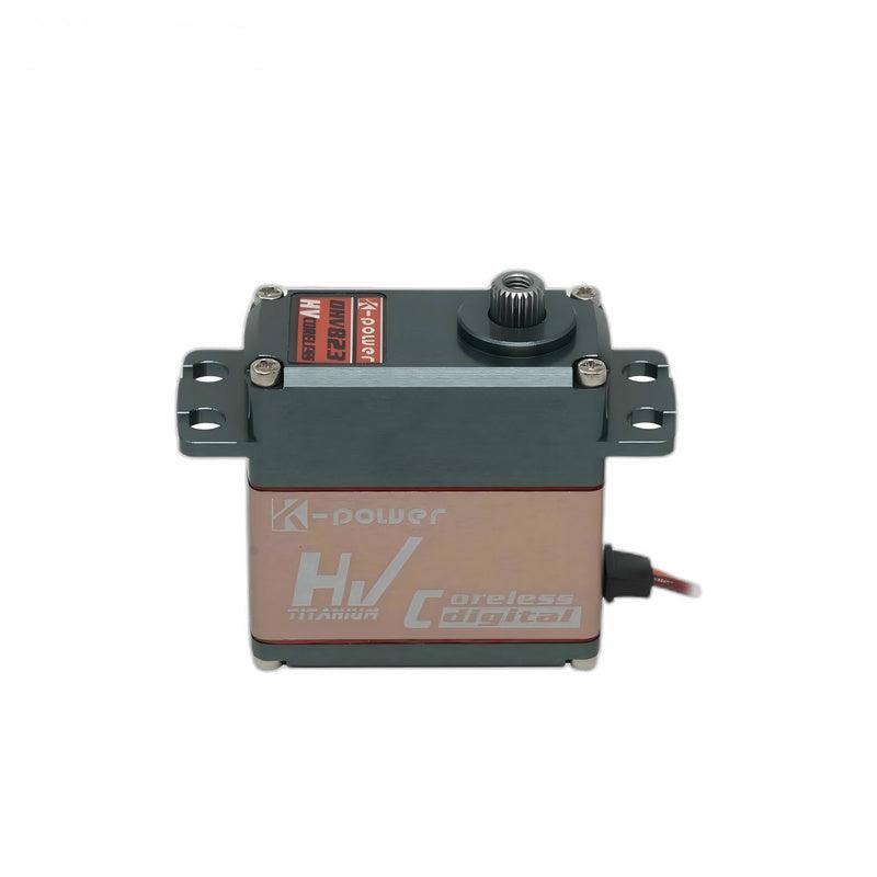 Side profile of Kpower DHV823 servo showing mounting tabs, top screws, and output spline centered