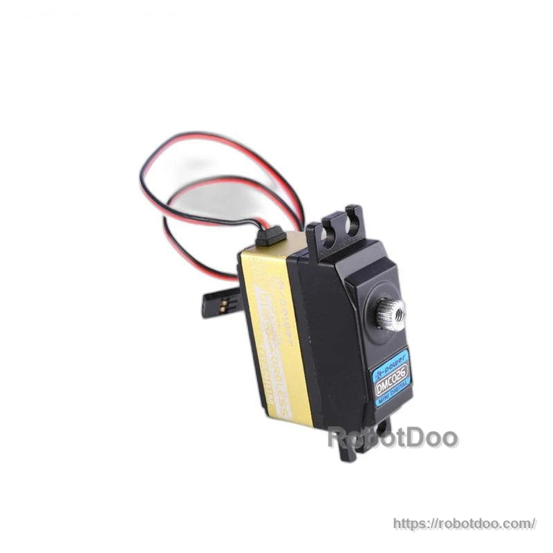 Side view of servo with attached lead wire and 3-pin connector, metal output shaft facing forward