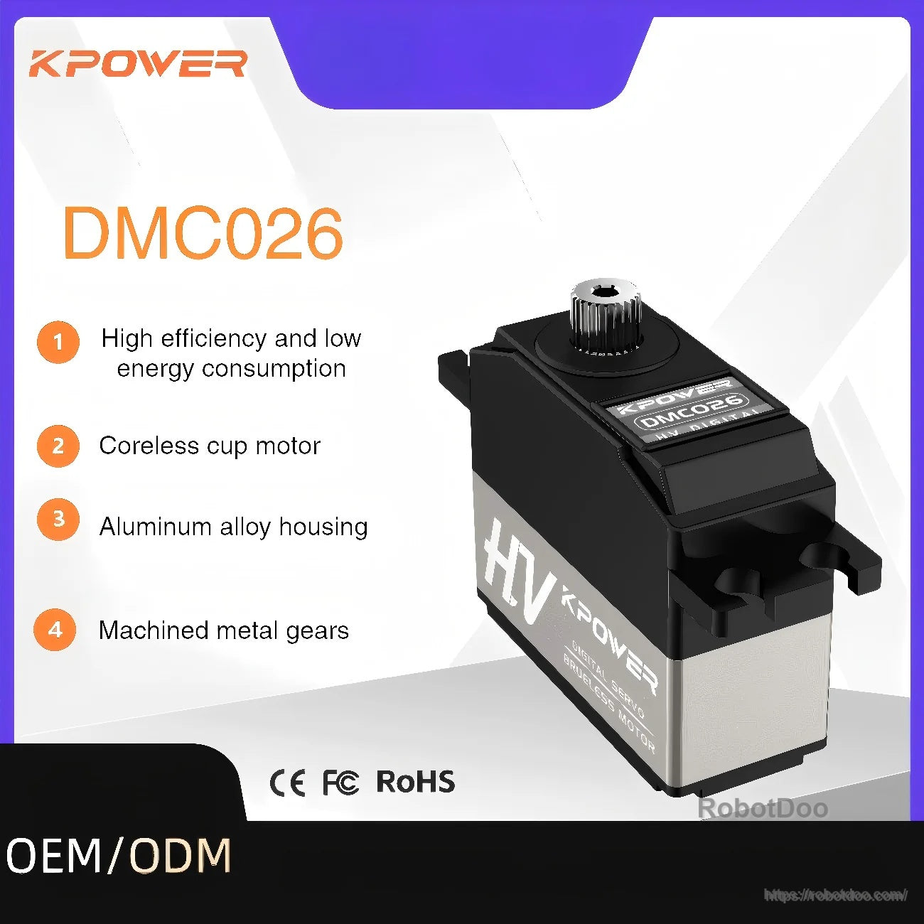 Kpower DMC026 digital coreless servo motor with aluminum alloy case and machined metal gears (CE/FCC/RoHS marks)