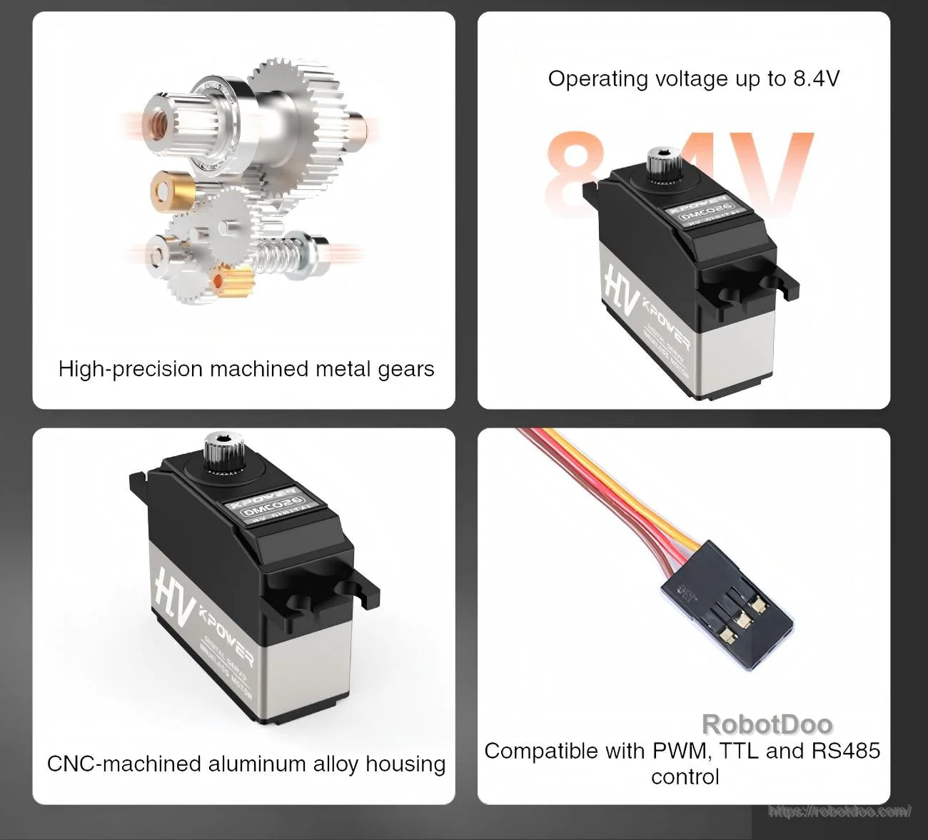 Kpower DMC026 feature collage: machined gears, CNC aluminum housing, and control compatibility (PWM/TTL/RS485)