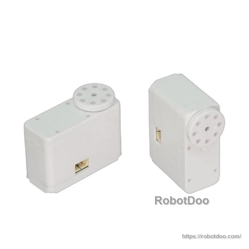 Two white micro servo motors shown from different angles, highlighting output end and side connector