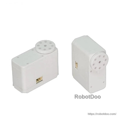 Two white micro servo motors shown from different angles, highlighting output end and side connector
