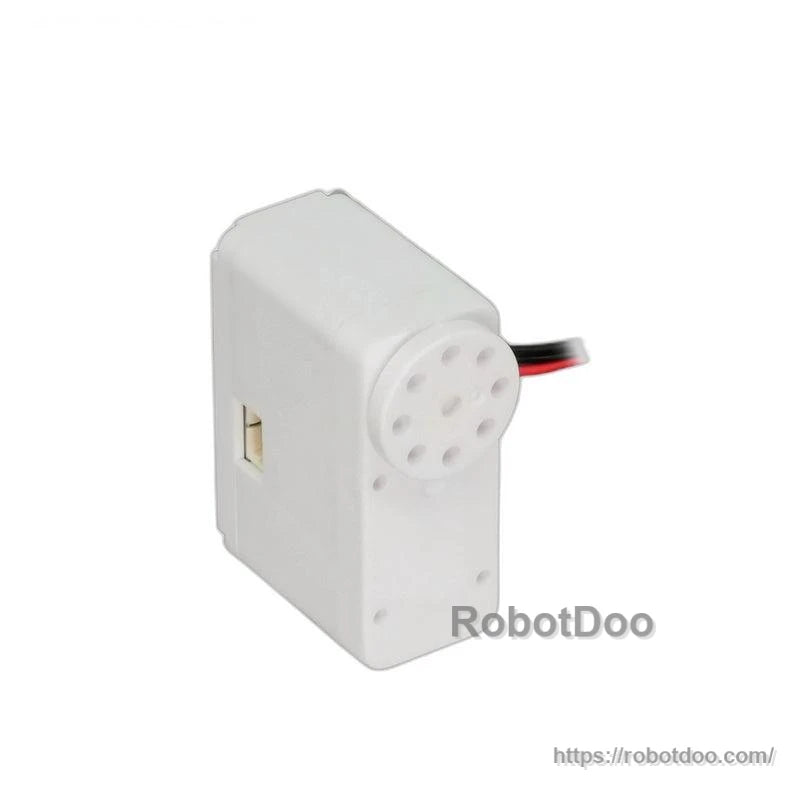 Angled rear view of white micro servo with round output end and 3-wire cable visible