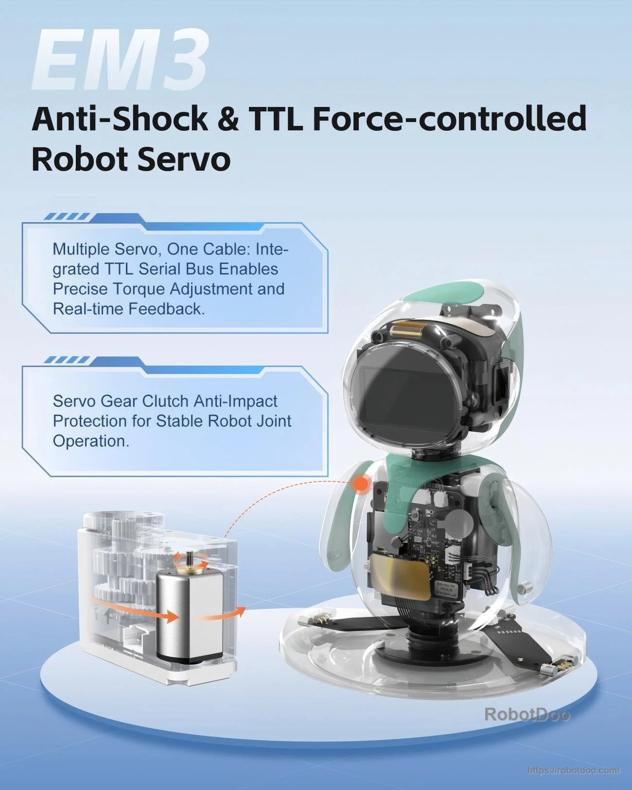 Kpower EM3 servo motor overview highlighting anti-shock design and TTL force control for compact robot joints