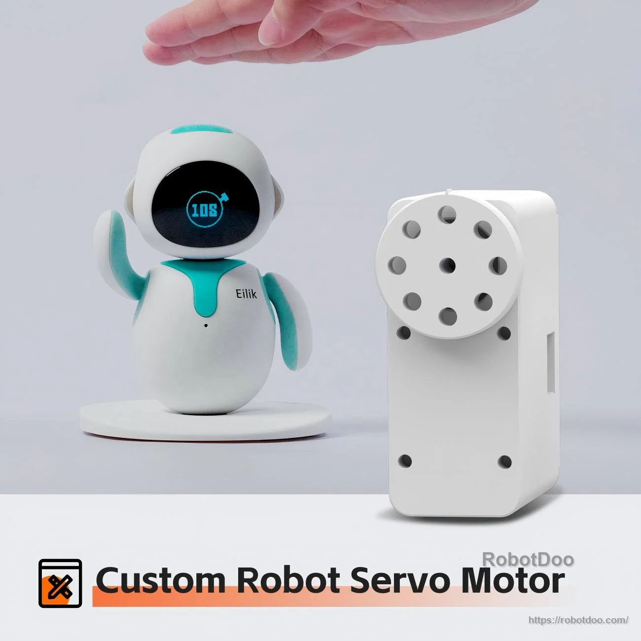 Compact white robot servo next to small desktop robot, emphasizing custom servo options for robotics projects
