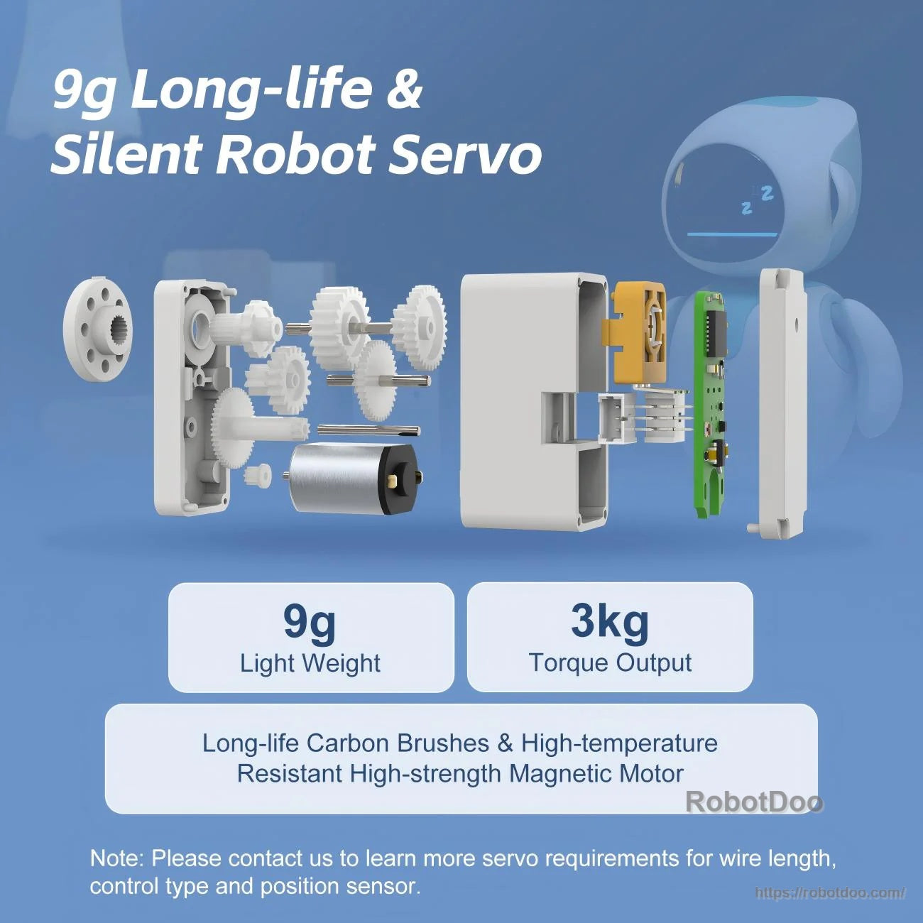 Exploded internal view of the 9 g servo showing gears, motor, PCB, and case for long-life quiet operation