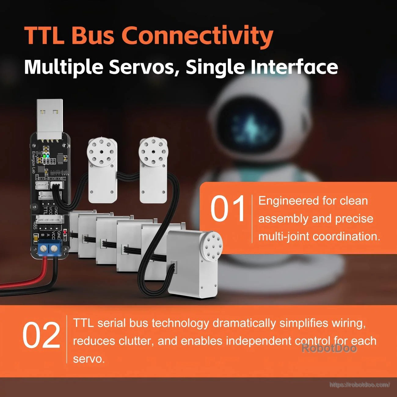 TTL serial bus wiring example with multiple servos on one interface for cleaner multi-joint robot assemblies
