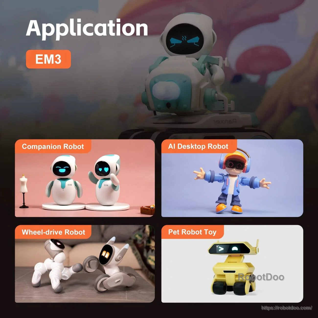 Application examples for EM3 servo motor including companion robots, AI desktop robots, wheel-drive robots, and pet robot toys