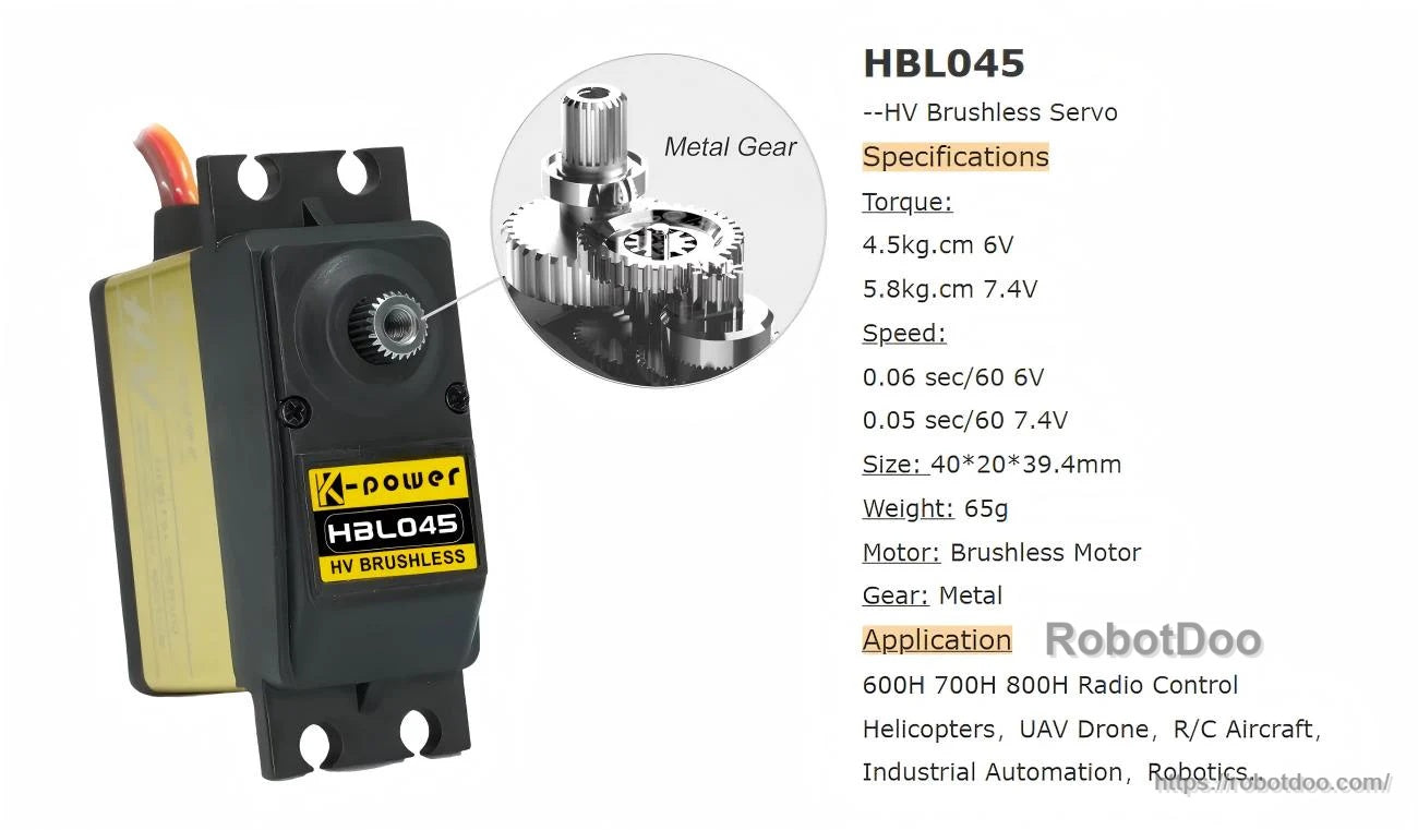 Kpower HBL045 HV brushless servo specs graphic with torque and speed ratings plus metal gear close-up