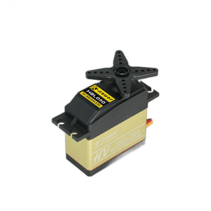 Kpower HBL090 servo motor with installed four-arm servo horn on output shaft, angled view
