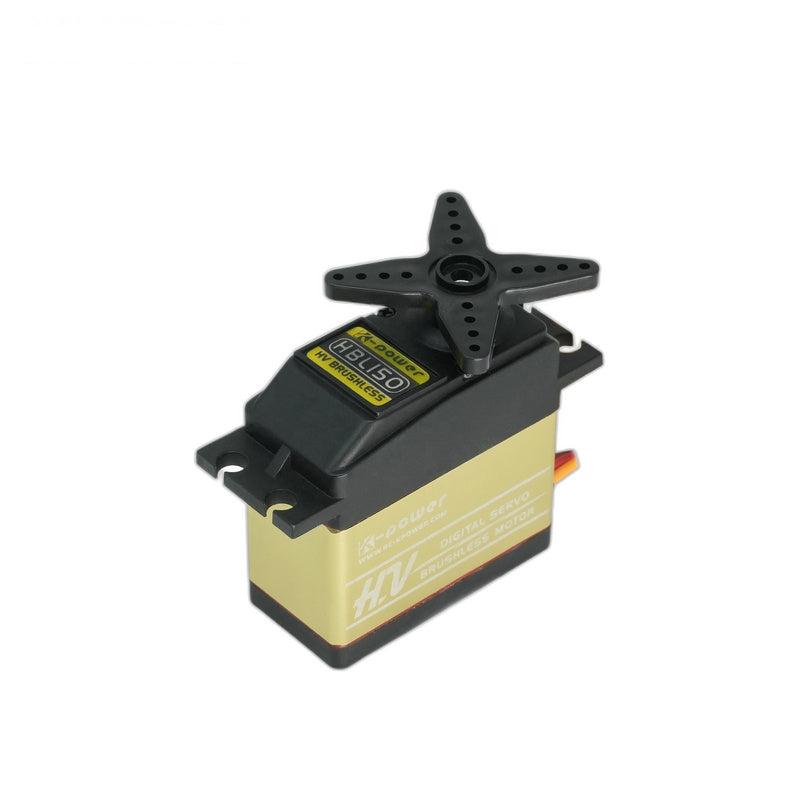 Kpower HBL150 brushless servo motor, angled top view with black servo horn and gold case