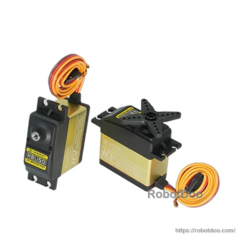 Two-angle views of HBL150 servo motor with attached cables, showing front face and top horn